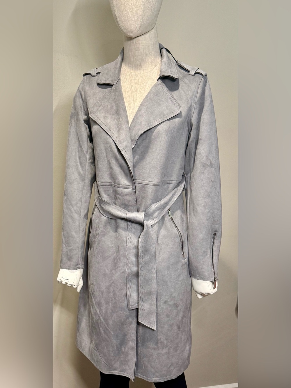 Tahari Light Gray Suede Belted Trench Coat